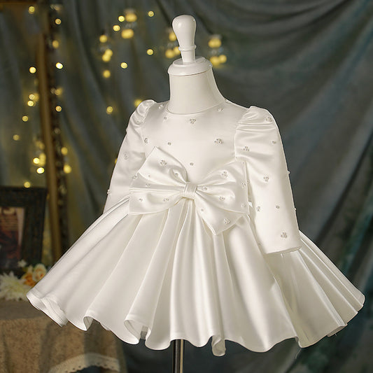 Little Girl's Crewneck Pleated Dress Long Sleeve Satin Flower Girl Dresses with Bow