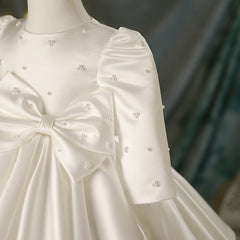 Little Girl's Crewneck Pleated Dress Long Sleeve Satin Flower Girl Dresses with Bow
