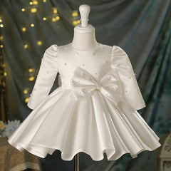 Little Girl's Crewneck Pleated Dress Long Sleeve Satin Flower Girl Dresses with Bow