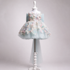 Pastel 3D Floral Tulle Girls Party Dress with Bow Back One Shoulder Princess Dress