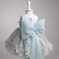 Pastel 3D Floral Tulle Girls Party Dress with Bow Back One Shoulder Princess Dress
