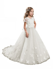 Communion Dress Butterfly Flower Girl Dress Fancy Tulle Lace Short Sleeved Pageant Dress Ball Gown Princess (4 colors)