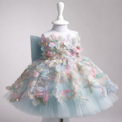Pastel 3D Floral Tulle Girls Party Dress with Bow Back One Shoulder Princess Dress