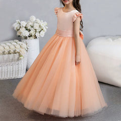 Cape Sleeve Flower Girl Dresses with Bow Lace Floor Length Princess Dress Tulle Gown