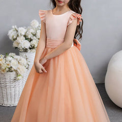 Cape Sleeve Flower Girl Dresses with Bow Lace Floor Length Princess Dress Tulle Gown