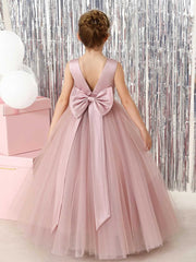 Girls V Back Bow Tie Princess Dresses Cute Sleeveless Flower Girls Dresses