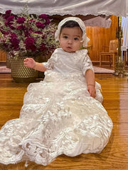 Lace Embroidered Christening Dress Baptism Gown Baby-Girls Newborn infant Gown with Bonnet Set