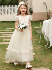 Short Sleeve Flower Girl Dress Lace Princess Dress with Sash Crew Neck Party Dress