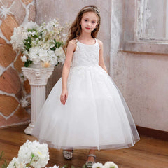 Sleeveless Flower Girl Dresses with Bow Tea Length Crew Neck Communion Dress