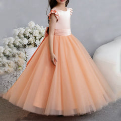 Cape Sleeve Flower Girl Dresses with Bow Lace Floor Length Princess Dress Tulle Gown