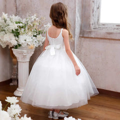 Sleeveless Flower Girl Dresses with Bow Tea Length Crew Neck Communion Dress