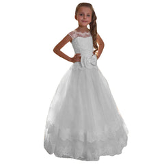 Communion Dress Flower Girl Dress for Wedding with bow Sleeveless Long lace Puffy Dress for Prom