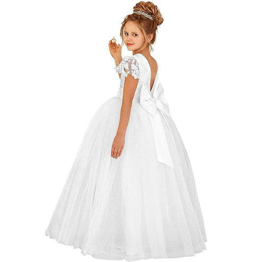 Lace Sleeve Flower Girl Dresses with Bow Floor Length Princess Dress Multi Colors
