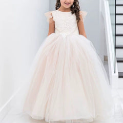 Cape Sleeve Flower Girl Dresses with Bow Puffy Long Train Princess Gown Tulle Dresses