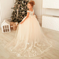 Off the Shoulder Flower Girl Dresses with Bow Long Train Princess Dress Soft Tulle Gown