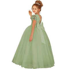 Lace Sleeve Flower Girl Dresses with Bow Floor Length Princess Dress Multi Colors