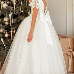 Lace Sleeve Flower Girl Dresses with Bow Floor Length Princess Dress Multi Colors