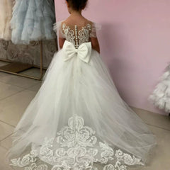 Cape Sleeve Flower Girl Dresses with Bow Puffy Long Train Princess Gown Tulle Dresses