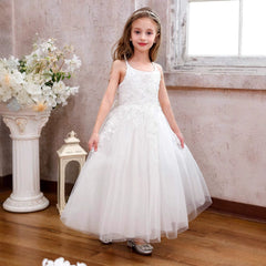 Sleeveless Flower Girl Dresses with Bow Tea Length Crew Neck Communion Dress