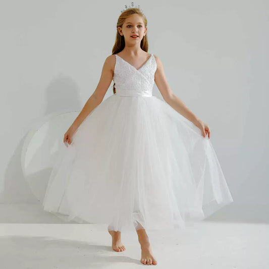 Sleeveless Flower Girl Dresses with Bow Tea Length V Neck Communion Dress Princess Gown