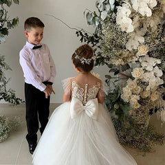 Cape Sleeve Flower Girl Dresses with Bow Puffy Long Train Princess Gown Tulle Dresses