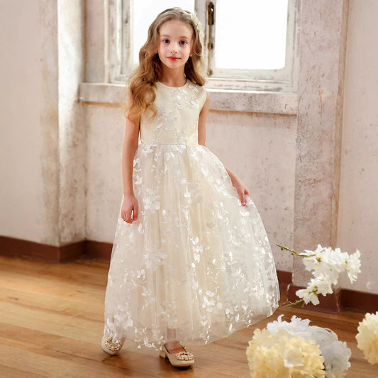 Floral Embroidered Tulle Maxi Dress for Girls Sleeveless Princess Party Dress with Bow