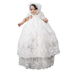 Lace Embroidered Christening Dress Baptism Gown Baby-Girls Newborn infant Gown with Bonnet Set
