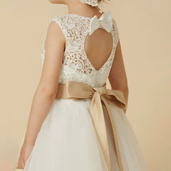 Sleeveless Flower Girl Dresses with Sash A Line Princess Dress Tea Length Soft Tulle Gown