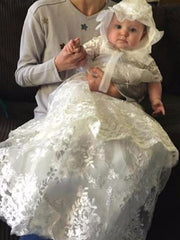 Lace Embroidered Christening Dress Baptism Gown Baby-Girls Newborn infant Gown with Bonnet Set