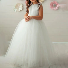 Sleeveless Flower Girl Dresses with Bow Full Length Crew Neck Communion Dress