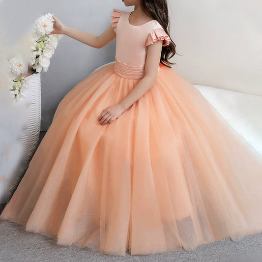 Cape Sleeve Flower Girl Dresses with Bow Lace Floor Length Princess Dress Tulle Gown