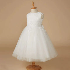 Sleeveless Flower Girl Dresses with Bow Lace Princess Dress Simple Communion Dress