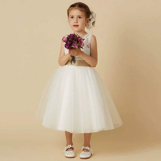 Sleeveless Flower Girl Dresses with Sash A Line Princess Dress Tea Length Soft Tulle Gown