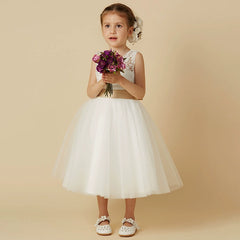 Sleeveless Flower Girl Dresses with Sash A Line Princess Dress Tea Length Soft Tulle Gown