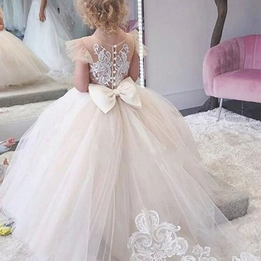 Cape Sleeve Flower Girl Dresses with Bow Puffy Long Train Princess Gown Tulle Dresses