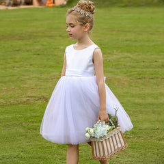 Sleeveless Flower Girl Dresses with Bow Short Princess Dress Simple Communion Dress