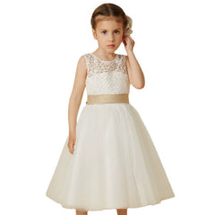 Sleeveless Flower Girl Dresses with Sash A Line Princess Dress Tea Length Soft Tulle Gown