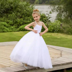Sleeveless Flower Girl Dresses Crossed Back Princess Dress Floor Length Communion Dress