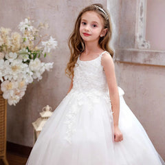 Sleeveless Flower Girl Dresses with Bow Tea Length Crew Neck Communion Dress