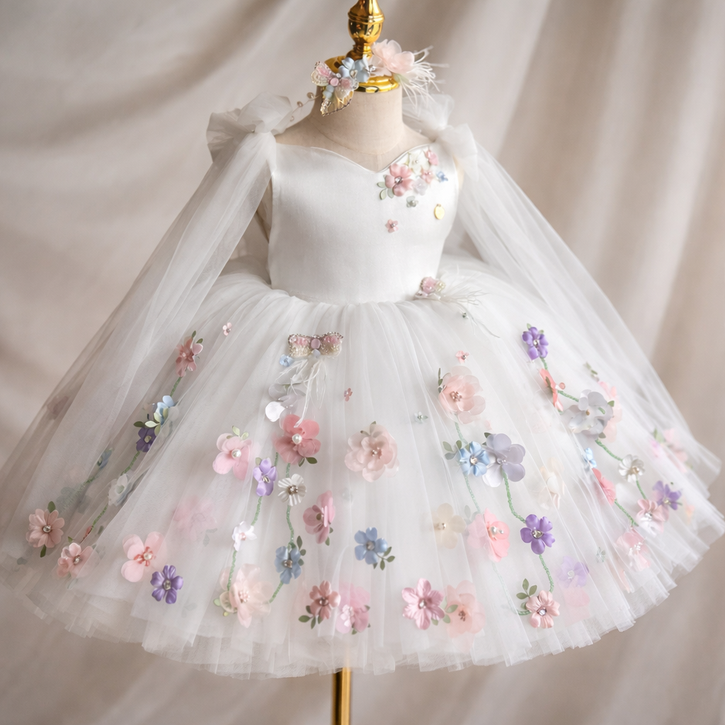Floral Embroidered Tulle Girls Party Dress with Sheer Shoulder Ties Avadress Floral Embroidered Tulle Girls Party Dress with Sheer Shoulder Ties Avadress