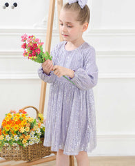 Sparkly Glitter Birthday Party Dress Kids Puffy Sleeve Round Neck Sequins Dress Cute Gown