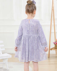 Sparkly Glitter Birthday Party Dress Kids Puffy Sleeve Round Neck Sequins Dress Cute Gown