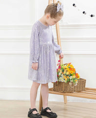 Sparkly Glitter Birthday Party Dress Kids Puffy Sleeve Round Neck Sequins Dress Cute Gown