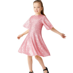 Sparkly Glitter Birthday Party Dress Kids Puffy Sleeve Round Neck Sequins Dress Cute Gown