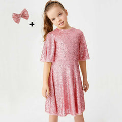 Sparkly Glitter Birthday Party Dress Kids Puffy Sleeve Round Neck Sequins Dress Cute Gown