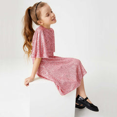 Sparkly Glitter Birthday Party Dress Kids Puffy Sleeve Round Neck Sequins Dress Cute Gown