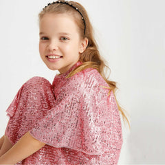 Sparkly Glitter Birthday Party Dress Kids Puffy Sleeve Round Neck Sequins Dress Cute Gown