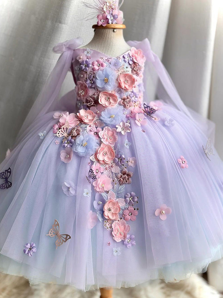 Purple Flower Girl Dress with Bow Cute Princess Dress Embroidery Tulle Gowns, Purple / 160 cm