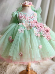 Fairy Princess Dress Cute Flower Girls Dresses with Bow Tulle Gown Embroidery Dress