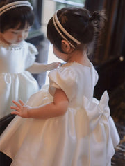Cute Puff Sleeve Satin Princess Dress with Bow A Line Birthday Party Gowns